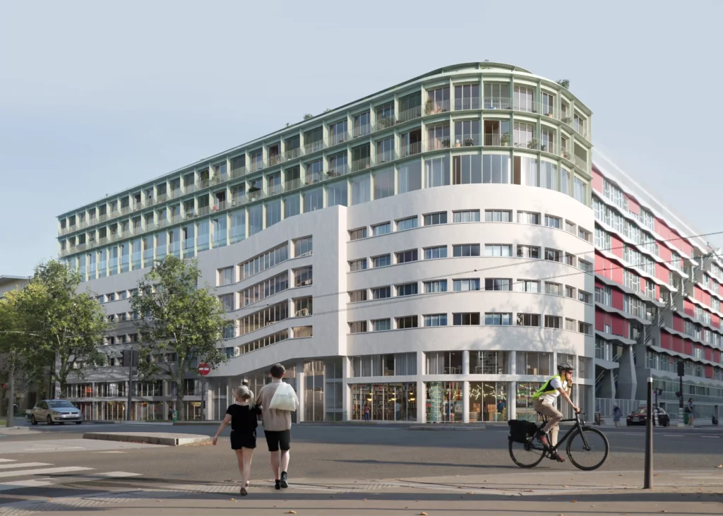 Vue extérieure du projet de surélévation R+9 d'un ancien parking automobile à Paris 14e.